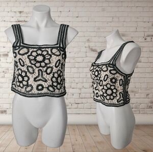 Crochet  Floral Crop Tank - Black & Cream Small